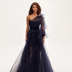Milla Royal Navy tulle gown with detachable sleeve